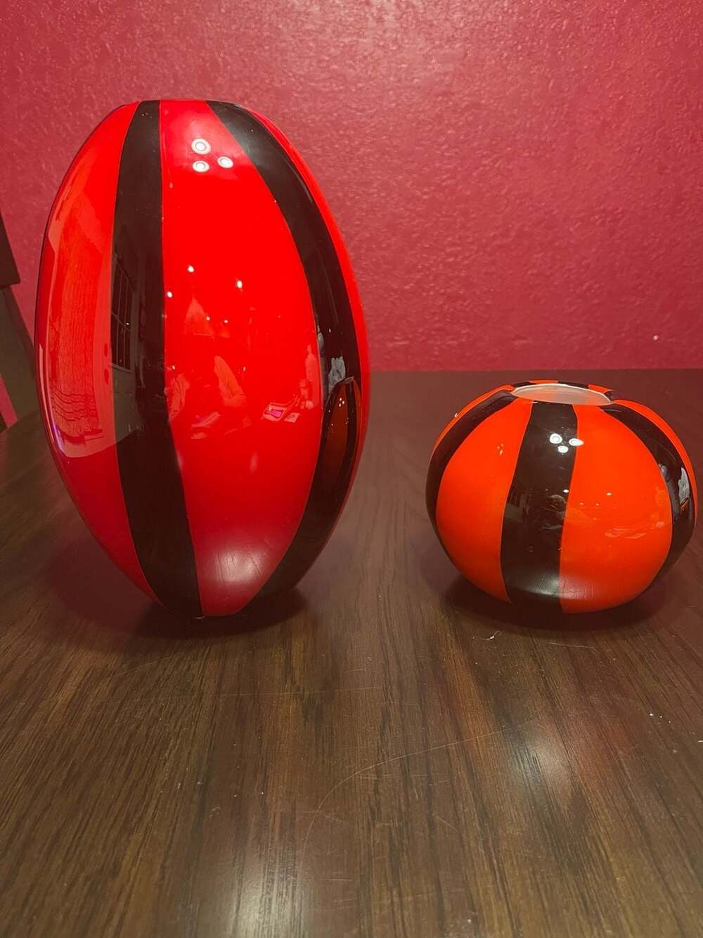 Vintage Hand Blown Italian Murano Style Red and Black Striped Art Glass Vase Set